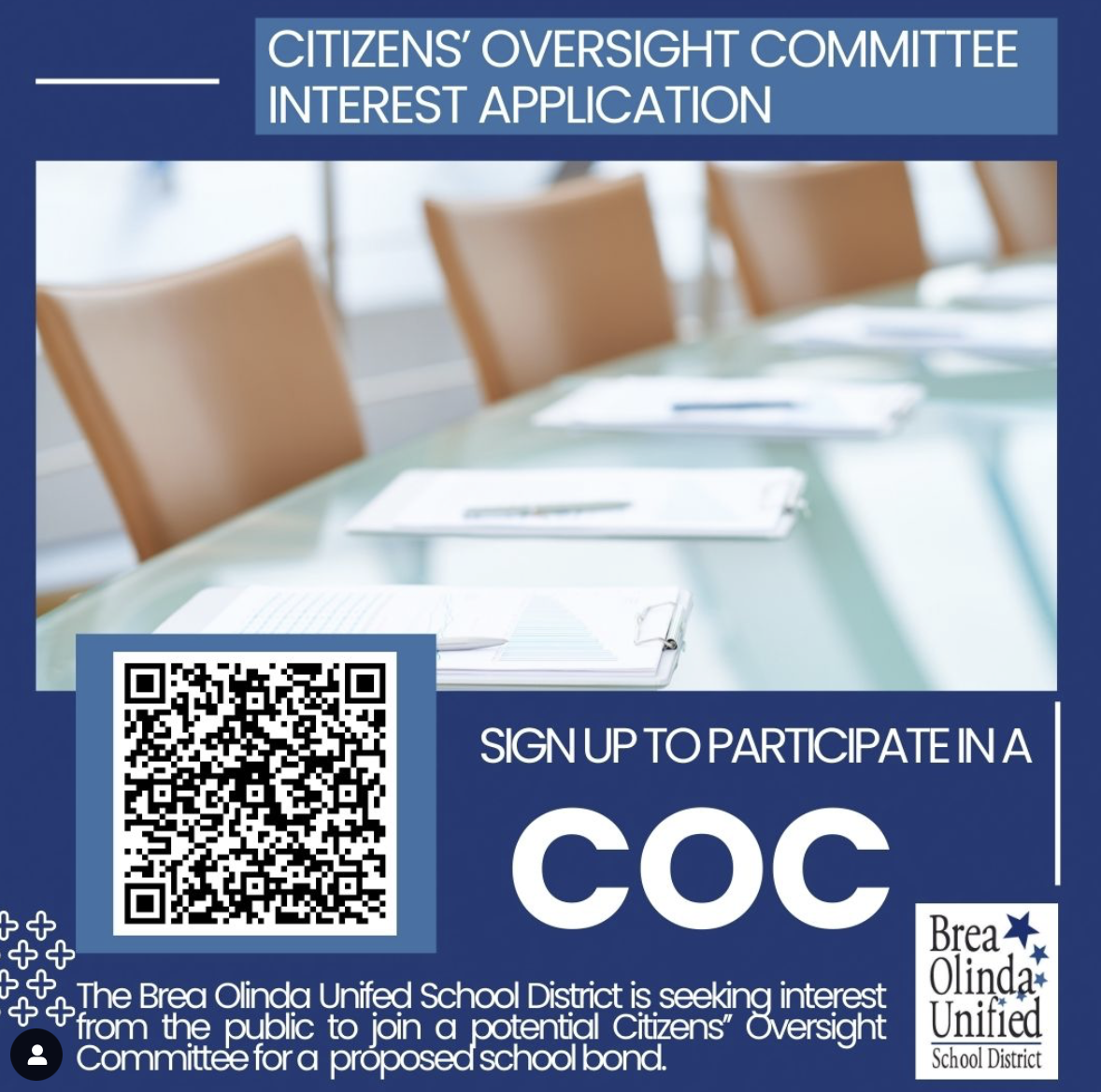 A flyer from BOUSD advertising a request for membership on the Citizens Oversight Committee (COC), a group that will independently ensure all bond funds are being used as stated in the bond documents. (Courtesy of BOUSD)
